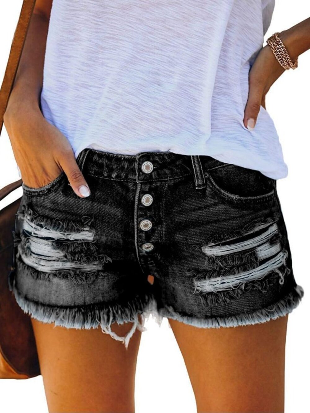 Mid Rise Stretchy Distressed Denim Shorts for Women - Casual Summer Ripped Jeans